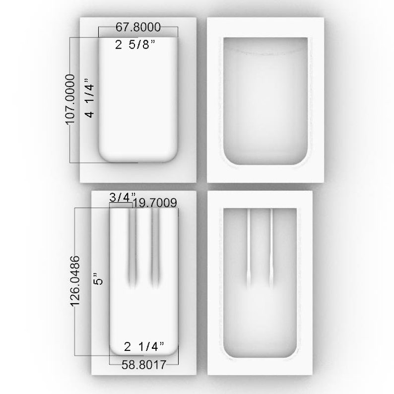 May include: A set of four white ceramic molds for making candles. The molds are rectangular and have different sizes. The largest mold is 4 1/4 inches tall and 2 5/8 inches wide. The smallest mold is 5 inches tall and 2 1/4 inches wide.