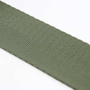 May include: A close-up of a green woven webbing strap. The strap has a herringbone pattern and is made of a durable material.