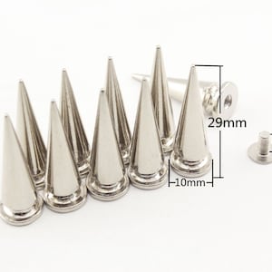 6 sets of 10mm x 29mm ( 3/8 inch x 1 1/4 inch ) Punk Alloy Silver Screw in  bag clothes cone bullet spike rivet studs Nickel Gunmetal