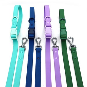 May include: Set of five dog collars and leashes in various colors, including teal, navy blue, lavender, and green. Each collar and leash has a silver buckle and a silver clip.