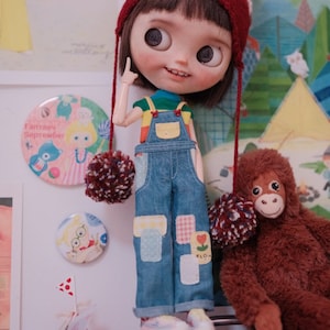 Blythe Doll Overalls: Patchwork Denim Pants (1/6 Scale)
