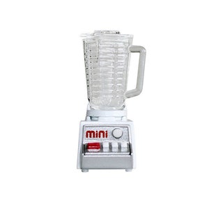May include: A white mini blender with a clear plastic pitcher and a red button. The blender has a silver base with the word "mini" printed in red.