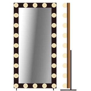 May include: A full-length mirror with a black frame and a row of round, white lights around the perimeter. The mirror is standing on a black stand.