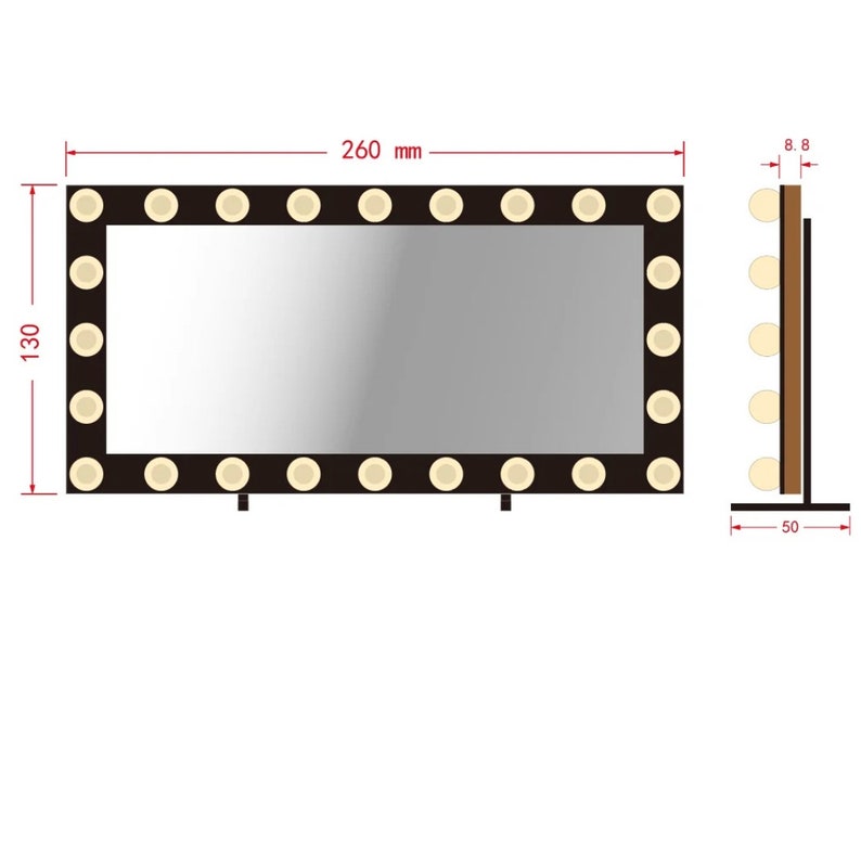 May include: A black vanity mirror with a white frame and 18 light bulbs around the perimeter. The mirror is 260 mm wide and 130 mm tall. The mirror is on a stand with two legs.