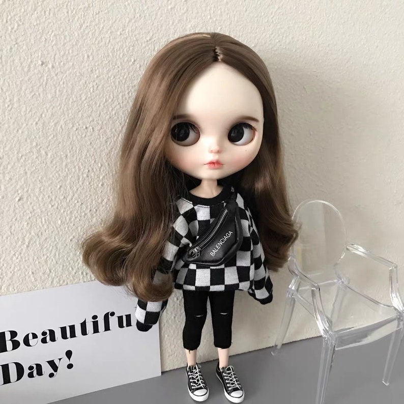 Handgefertigtes Blythe Outfit: Kariertes Oberteil für 1/6 Dolls Black Coat blythe