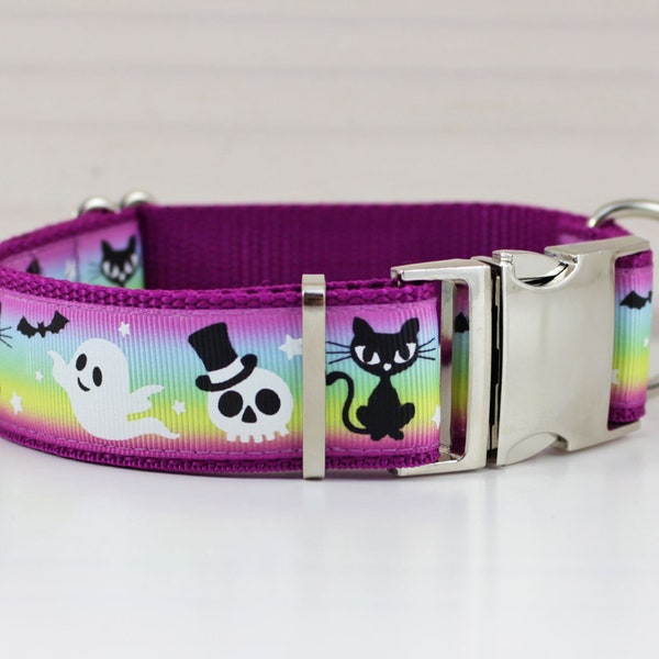 Dog collar or harness with Halloween motif, cat, skull, ghost, ghost, glow in the dark, dogs, dog leash