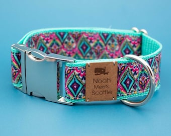 Dog collar / dog harness, paisley pattern, ethnic, mint and turquoise, colorful, paisley, boteh, pattern, dogs, collar, metal buckle