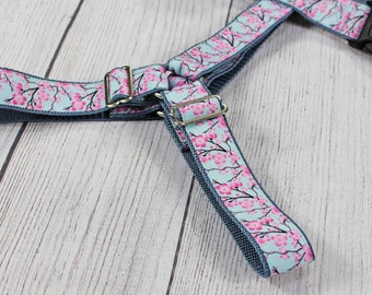 Dog harness with cherry blossoms, Japan, light blue and pink, webbing in light gray, for dogs, puppies, floral