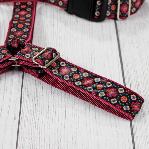 Dog harness with flowers, geometric, nordic, red and black, webbing, for dogs, puppies, floral, modern