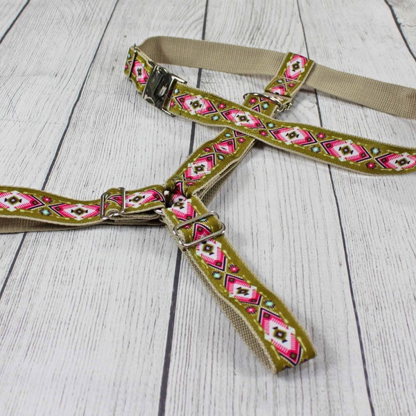 Dog harness with Indian pattern, beige and olive green, geometric, webbing, for dogs, puppies, Nordic
