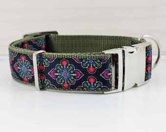 Dog collar with oriental pattern, olive, black, red, geometric, dog, modern, webbing, collar, dog leash