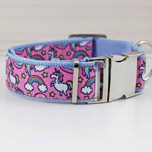 Dog collar with unicorn, pink and light blue, fantasy, dog, pet, puppy, playful, cute, magical