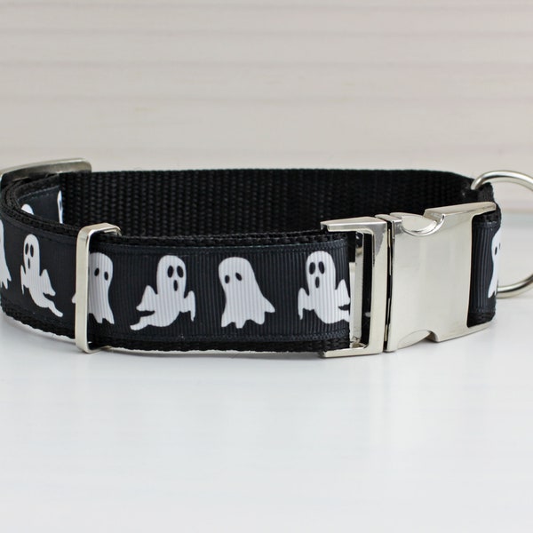 Hundehalsband mit Geistern, Gespenst, Halloween, schwarz und weiß, modern, Gurtband, Halsband