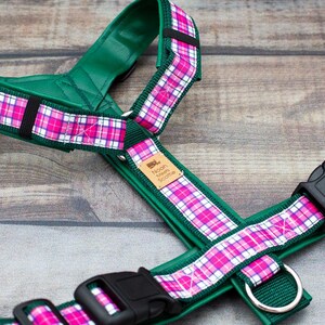 Dog Harness BONNIE, with imitation leather, dogs, checkered, pink, green, dark green, harness, leather harness, tartan, check, dog leash