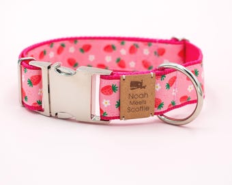 Pink Strawberry Dog Collar or Harness - Cute, Romantic, Summer Look, Adjustable Dog Collar for Small and Large Dogs
