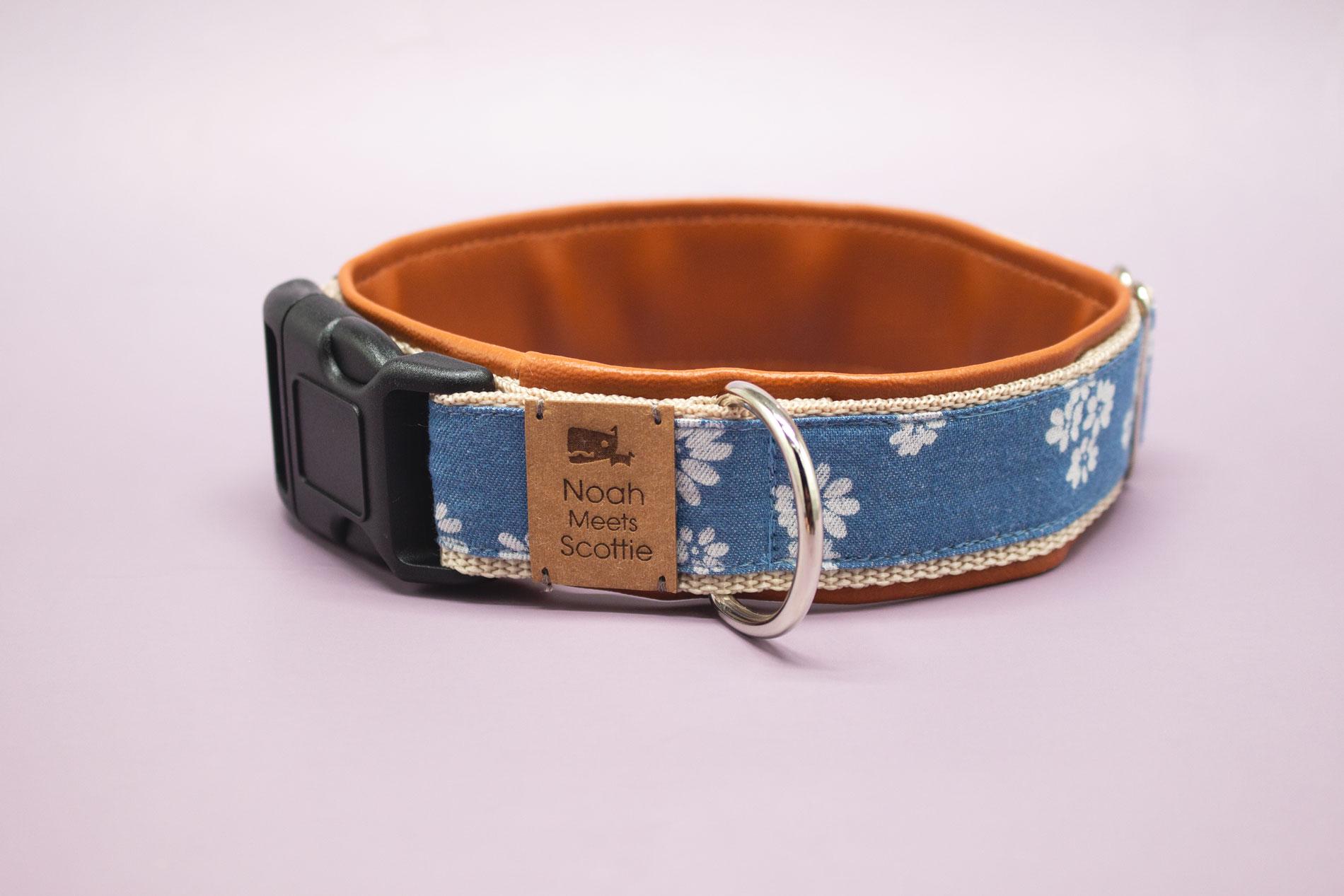 Dog Collar or Dog Harness LENI Denim Fabric, White Daisy Pattern