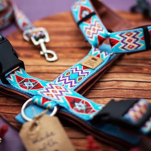 May include: A pet harness featuring a vibrant turquoise, red, and purple geometric pattern with brown lining and black plastic buckles. A small square tag displays the text Noah Meets Scottie, and a metal D-ring is attached to the front strap.