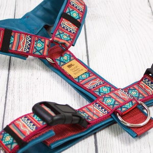 May include: A teal blue dog harness with red and orange geometric patterned webbing. The harness has two black plastic buckles and a silver metal ring. The harness has a brown leather patch with the text "Nood N Mood Scooties" printed on it.