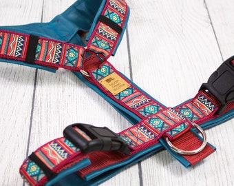 Dog harness ANOUK, with imitation leather, Nordic, pattern, dogs, chest harness, geometric, Pets, Puppy, Red, Turquoise, Scandinavian