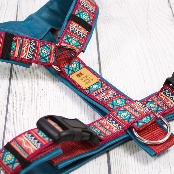 Dog harness ANOUK, with imitation leather, Nordic, pattern, dogs, chest harness, geometric, Pets, Puppy, Red, Turquoise, Scandinavian