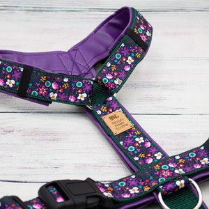 May include: Purple dog harness with a floral pattern and green trim. The harness has a black buckle and a brown leather tag that says "Noon Moon Scoonie".
