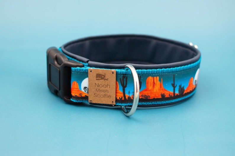 May include: A blue dog collar with a desert sunset design and a brown tag that reads "Noah Meets Scottie".