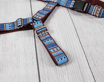 Dog harness with Norwegian pattern, blue and brown, webbing, striped, dogs, puppy, modern, Nordic, chest harness