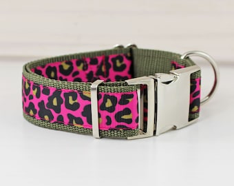 Dog collar or harness with leopard pattern, animal print, safari, olive, gold and pink, leopard, cat, trendy, dog leash