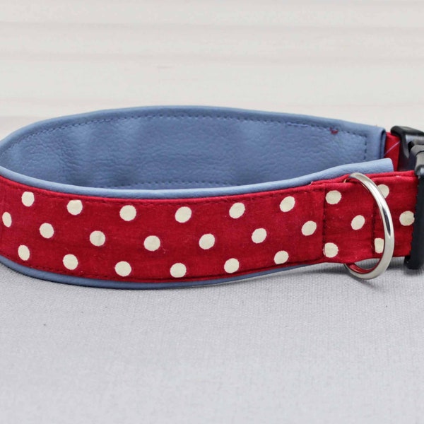 Hundehalsband mit Punkten, rot und beige, mit Kunstleder in hellblau, gepunktet, Polka Dots