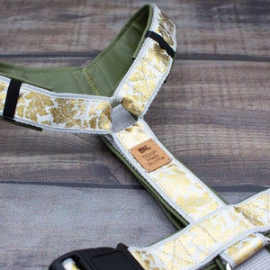 May include: A green dog harness with a white and gold patterned strap. The harness has a black buckle and a silver ring. The harness has a brown leather tag that says "Noon Made Scotland".