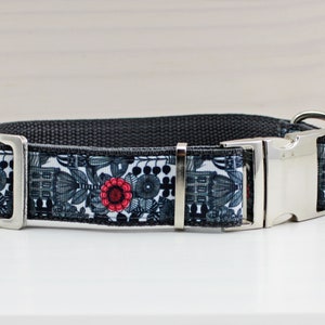 Dog collar with flower pattern in black and white with red, floral, webbing in dark gray