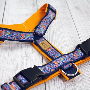 Dog harness KOI, with fish, lined with imitation leather, Asia, Japan, orange and blue, natural, pet, leather, dog accessories