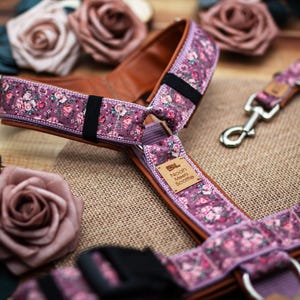 May include: A pet harness featuring a purple fabric overlay with a detailed floral pattern, brown leather-like trim, black plastic buckles, and a small rectangular tag with the text Noah Meets Scottie. A matching leash with a metal clip is attached.