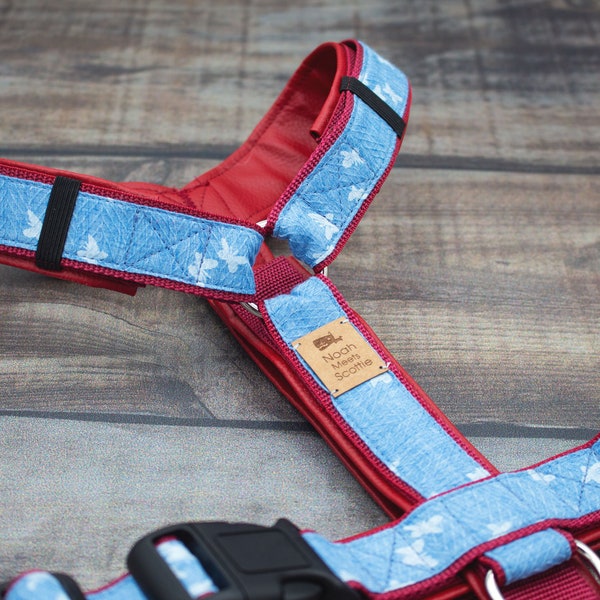Dog harness SWEETIES with imitation leather, butterflies, light blue, red, cherry red, denim blue, dogs, romantic, cute, chest harness