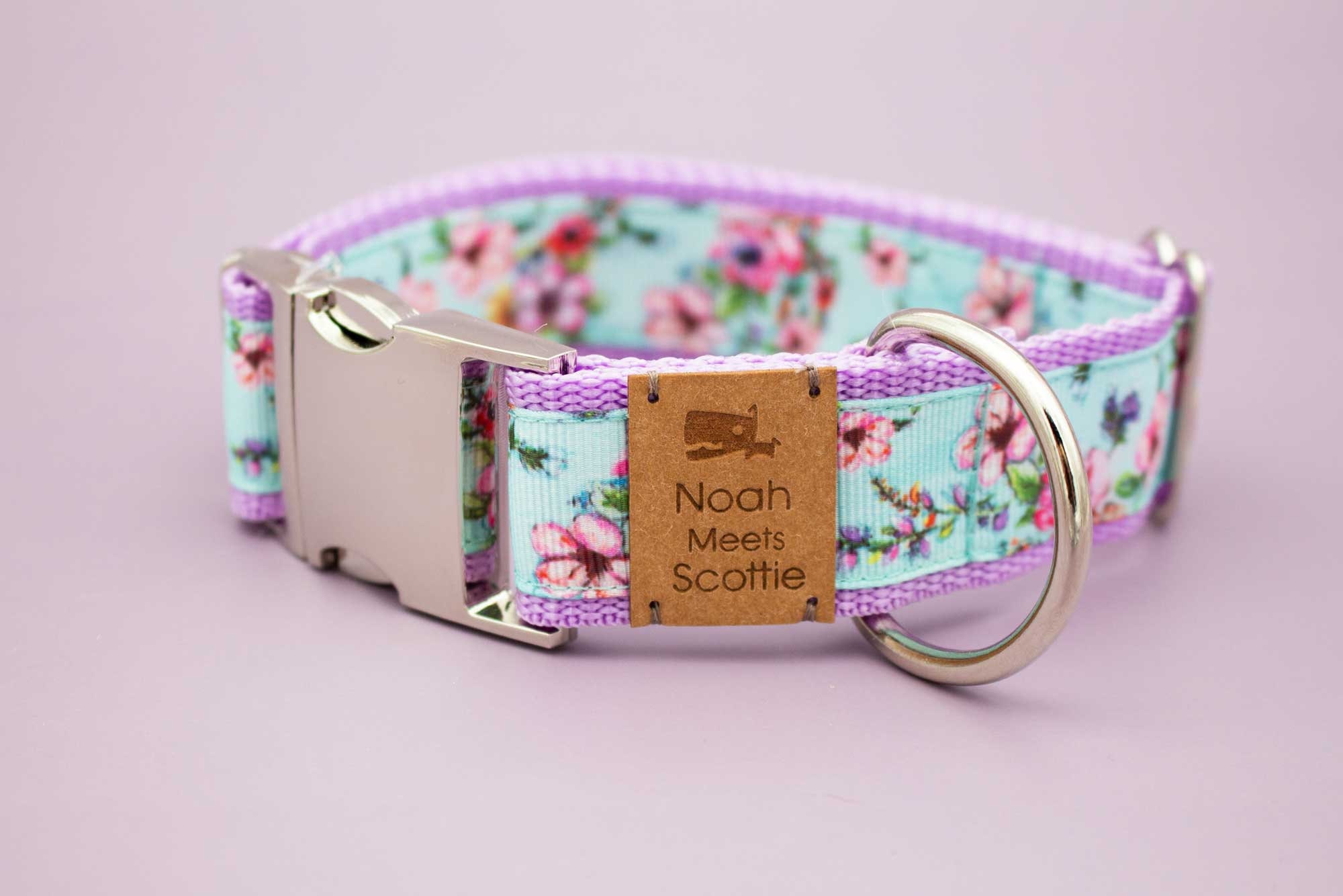Dog collar or dog harness with flowers, light blue, lilac, pink, romantic, floral, dog leash, collar, chest harness, summer