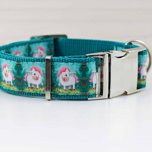 Dog collar with unicorn, pink and petrol blue, fantasy, dog, pet, puppy, playful, cute, magical