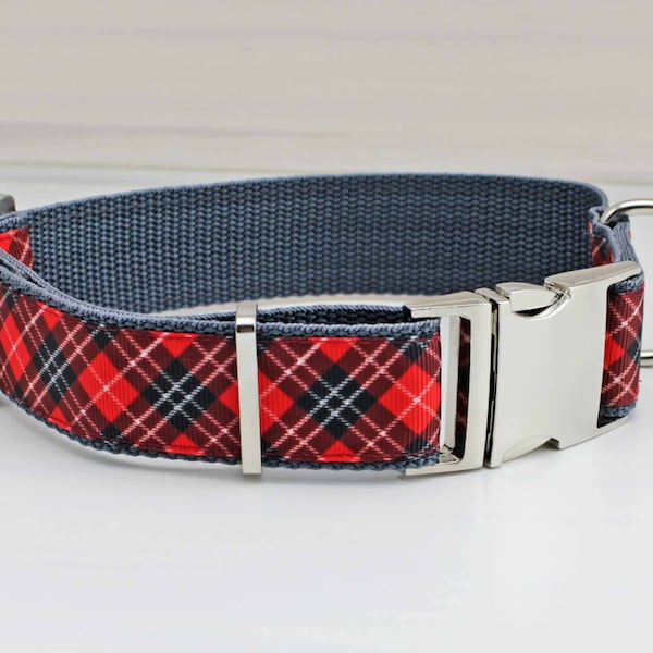 Hundehalsband mit Schottenmuster, Schottenkaro, Tartan, Gurtband in dunkelgrau, rot, Halsband, Hund, Haustier