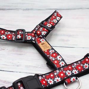 Red and White Floral Dog Harness - Adjustable Y-Harness for Small and Large Dogs, Lightweight, Floral Dog Harness Summer