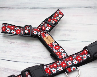 Red and White Floral Dog Harness - Adjustable Y-Harness for Small and Large Dogs, Lightweight, Floral Dog Harness Summer