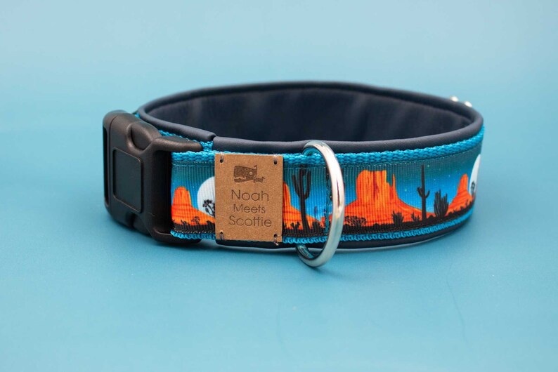 May include: A blue dog collar with a brown leather tag that says "Noah Meets Scottie" and a desert landscape design. The collar has a black buckle and a silver D-ring.
