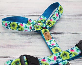 TROPICA hondentuigje – turquoise geelgroen roze, tropisch patroon, bloemen, verstelbaar, robuust, comfortabel zomer hondentuigje