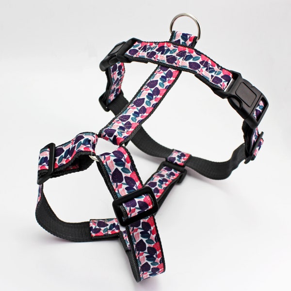 Dog harness with colorful leaves print, webbing in dark gray, chest harness for dogs