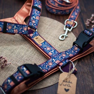 Könnte beinhalten: Ein Hundegeschirr und Leinen-Set mit blauem Blumenmuster und braunen Akzenten. Das Geschirr hat eine schwarze Schnalle und einen Metallring zur Befestigung der Leine. Das Set liegt auf einem neutralen Hintergrund.