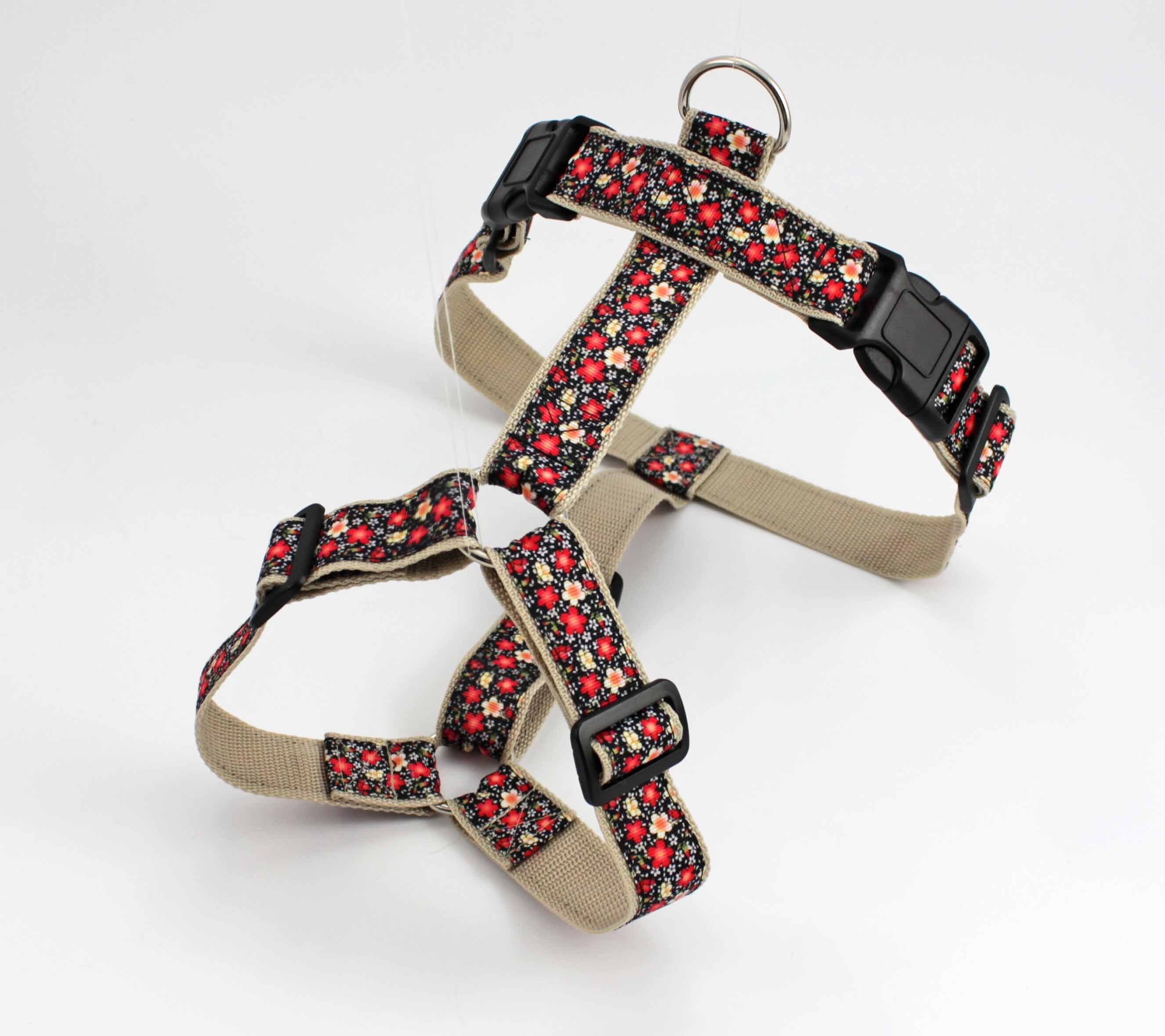Dog harness with small flowers, black, red and white, floral, belt strap in beige, chest harness for dogs
