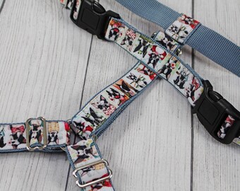 May include: A blue and white dog print adjustable harness with black plastic buckles and silver metal rings.