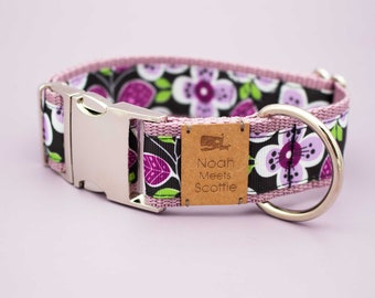Dog Collar Dog Harness Dog Flowers Purple Black Green Lilac Floral Modern Dog Mom Dogs Collar Metal Buckle