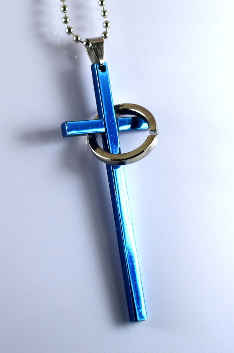 925 Sterling Silver 74 mm Blue Holy Blessing Cross Pendant With Free Chain Anniversary Gift