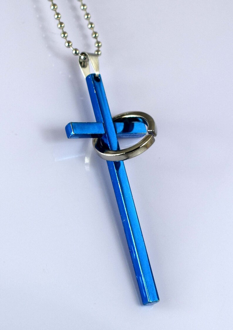 925 Sterling Silver 74 mm Blue Holy Blessing Cross Pendant With Free Chain Anniversary Gift