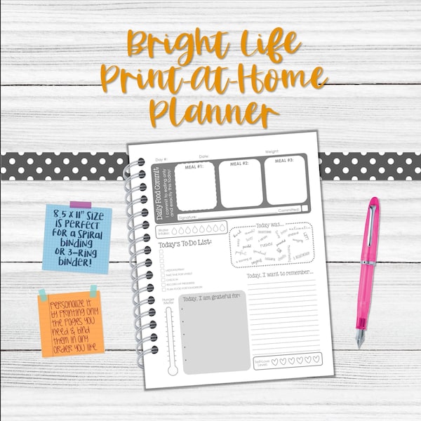 Bright Life Print-At-Home Wellness Planner -- Health & Food Jounal -- *Printable PDF File* -- Food Tracker, Before, Progress, After