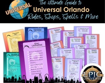 Puede incluir: Una colección de guías coloridas para Universal Orlando, con atracciones, tiendas, hechizos y más. Las guías incluyen listas para Volcano Bay, Islands of Adventure y Epic Universe, con un globo terráqueo y logotipos del parque.